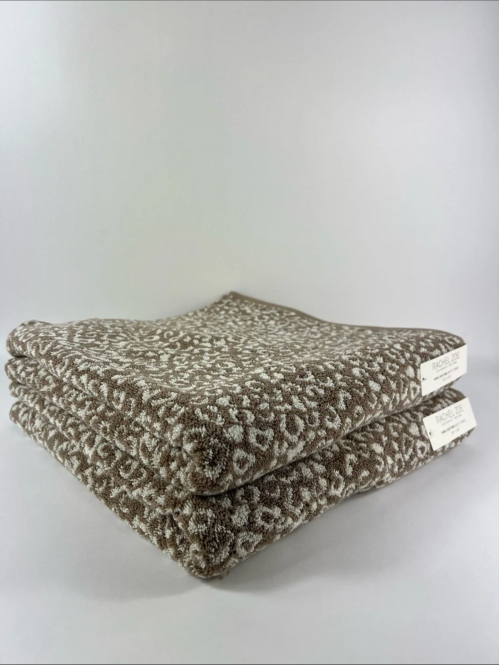 Rachel Zoe Bath Towels Brown Tan Cream Leopard Animal Print 100% Cotton 2 Pc NEW
